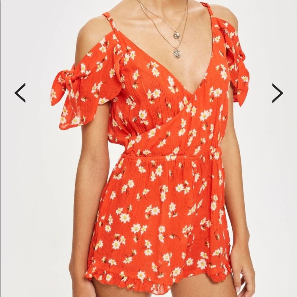 TopShop Orange Romper Daisy Print Off Shoulder